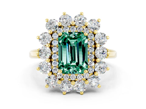 Yellow gold Emerald Cut Halo Cluster Diamond Ring with Pave Band and Four-Prong Setting_12