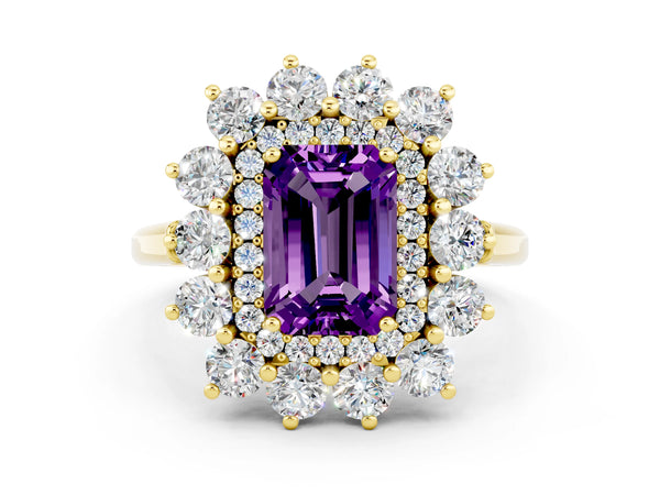 Yellow gold Emerald Cut Amethyst Floral Double Halo Engagement Ring with Prong Setting