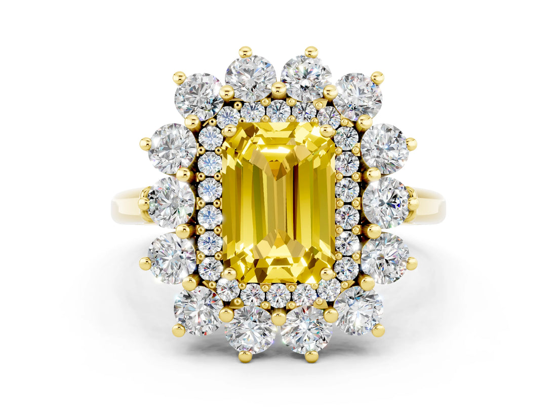Yellow gold Emerald Cut Halo Cluster Diamond Ring with Pave Band and Four-Prong Setting_12