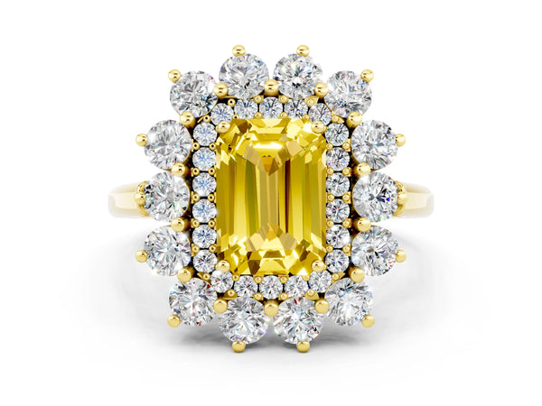 Yellow gold Emerald Cut Yellow Sapphire Floral Double Halo Engagement Ring with Prong Setting