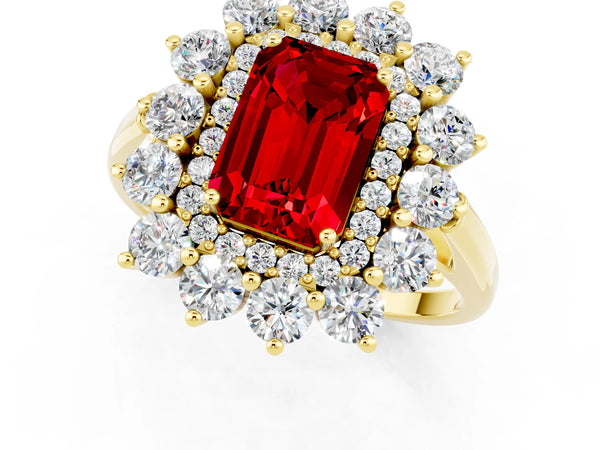 Yellow gold Emerald Cut Ruby Floral Double Halo Engagement Ring with Prong Setting