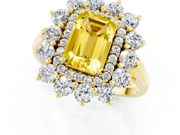 Yellow gold Emerald Cut Yellow Sapphire Floral Double Halo Engagement Ring with Prong Setting
