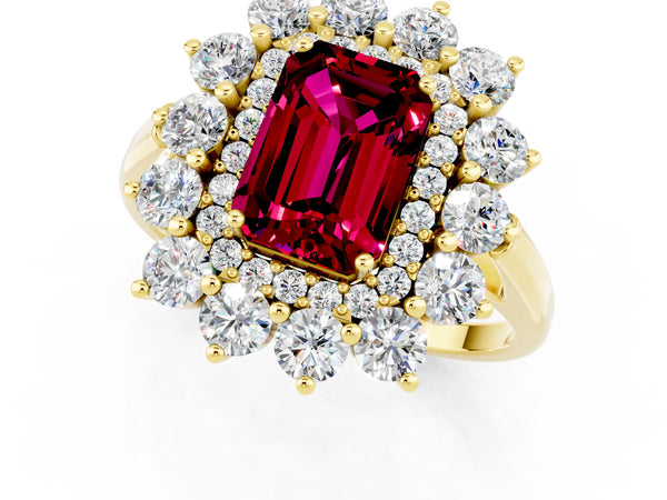 Yellow gold Emerald Cut Garnet Floral Double Halo Engagement Ring with Prong Setting