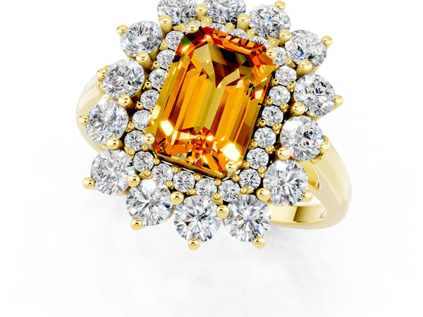 Yellow gold Emerald Cut Citrine Floral Double Halo Engagement Ring with Prong Setting