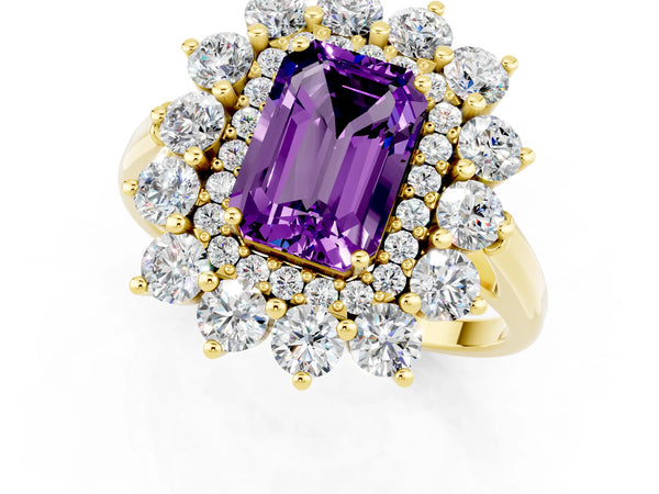 Yellow gold Emerald Cut Amethyst Floral Double Halo Engagement Ring with Prong Setting