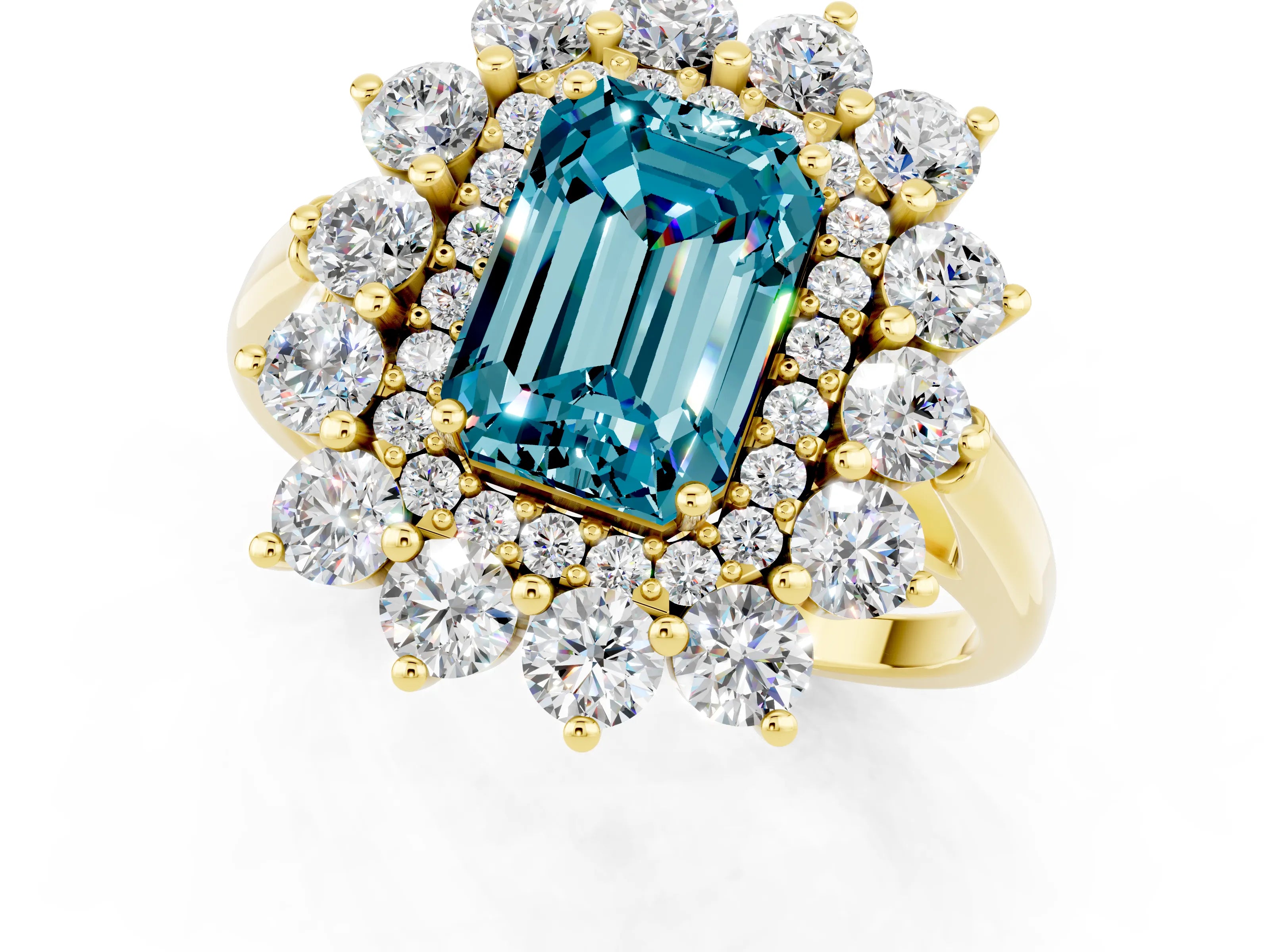 Yellow gold Emerald Cut Halo Cluster Diamond Ring with Pave Band and Four-Prong Setting_13