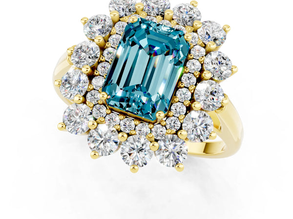 Yellow gold Emerald Cut Blue Topaz Floral Double Halo Engagement Ring with Prong Setting