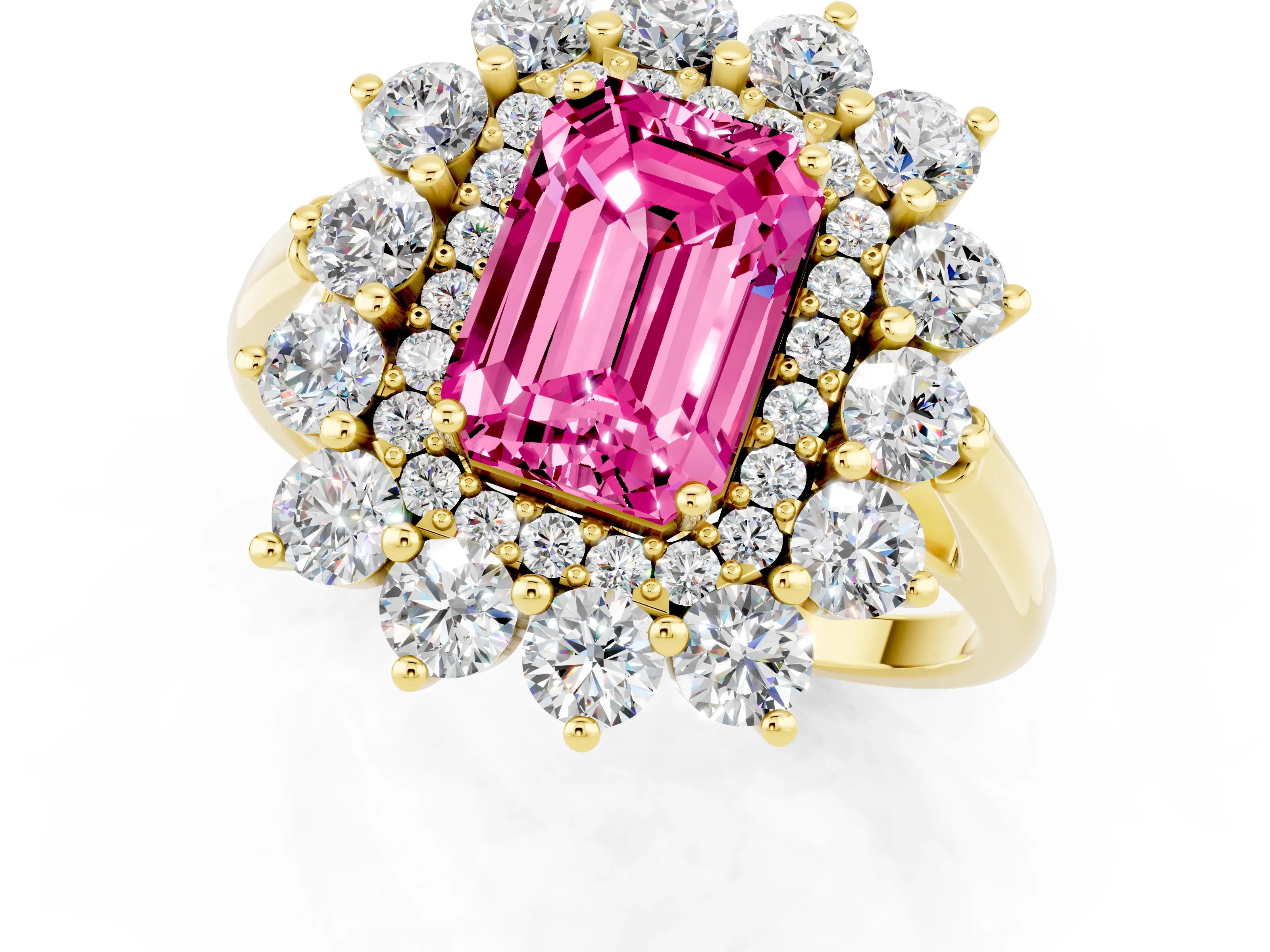 Yellow gold Emerald Cut Halo Cluster Diamond Ring with Pave Band and Four-Prong Setting_13
