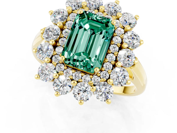 Yellow gold Emerald Cut Green Sapphire Floral Double Halo Engagement Ring with Prong Setting
