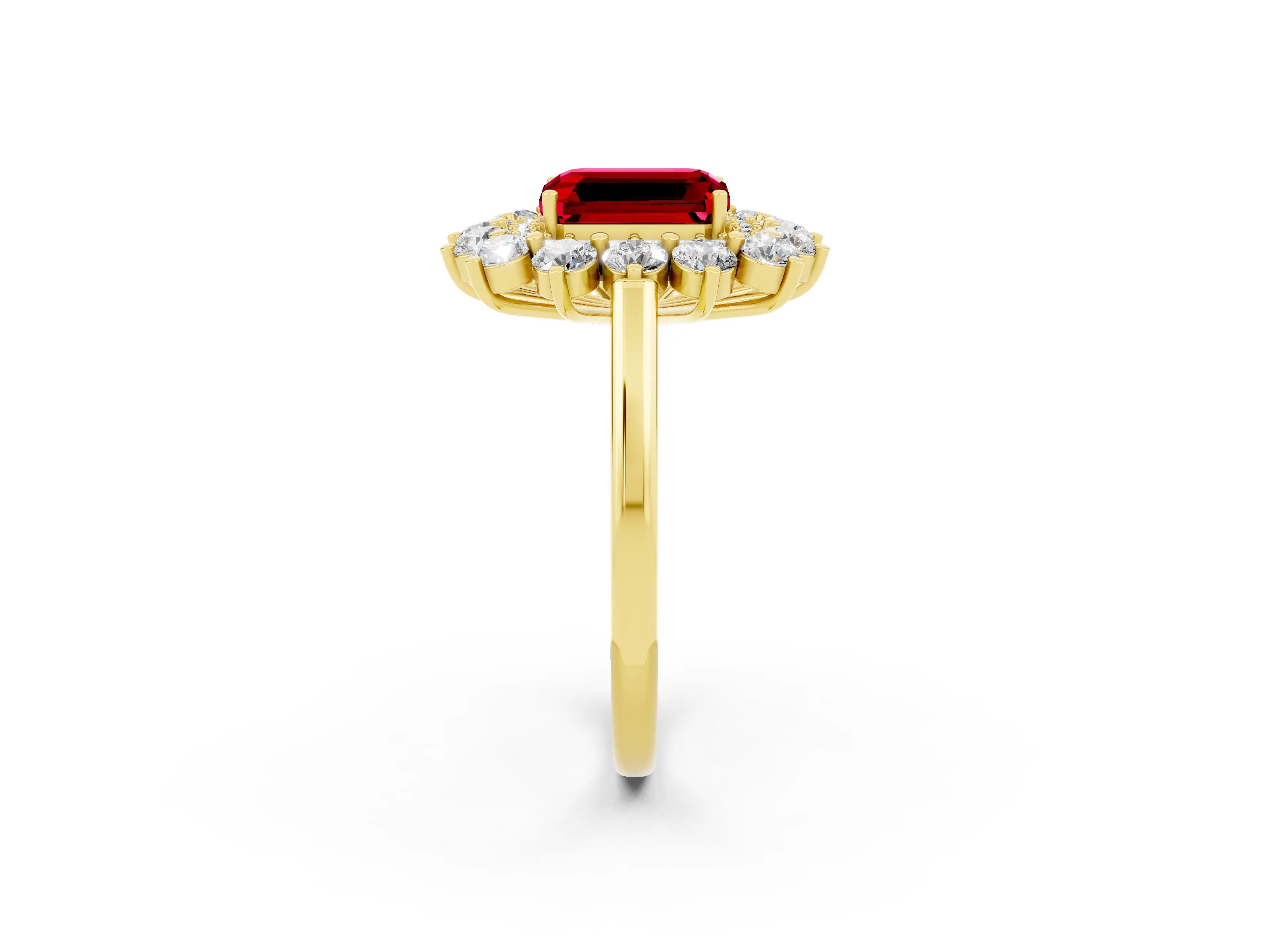 Yellow gold Emerald Cut Halo Cluster Diamond Ring with Pave Band and Four-Prong Setting_14