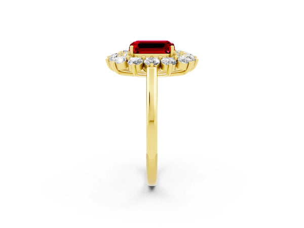 Yellow gold Emerald Cut Ruby Floral Double Halo Engagement Ring with Prong Setting
