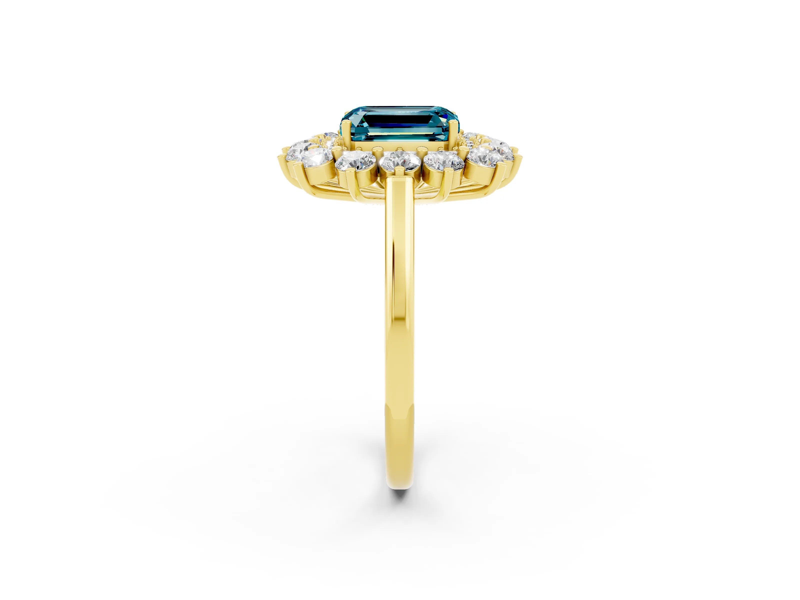 Yellow gold Emerald Cut Halo Cluster Diamond Ring with Pave Band and Four-Prong Setting_14