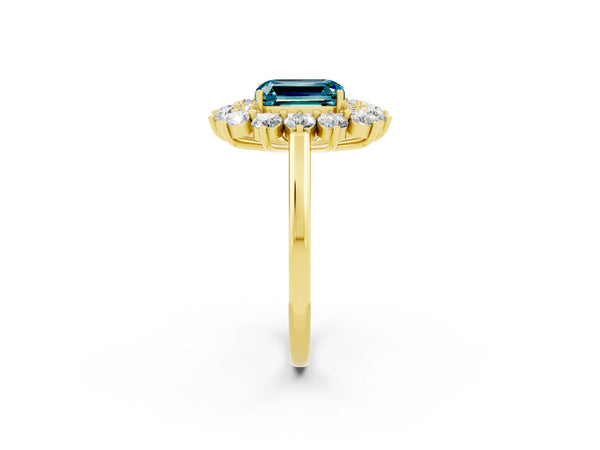 Yellow gold Emerald Cut Blue Topaz Floral Double Halo Engagement Ring with Prong Setting