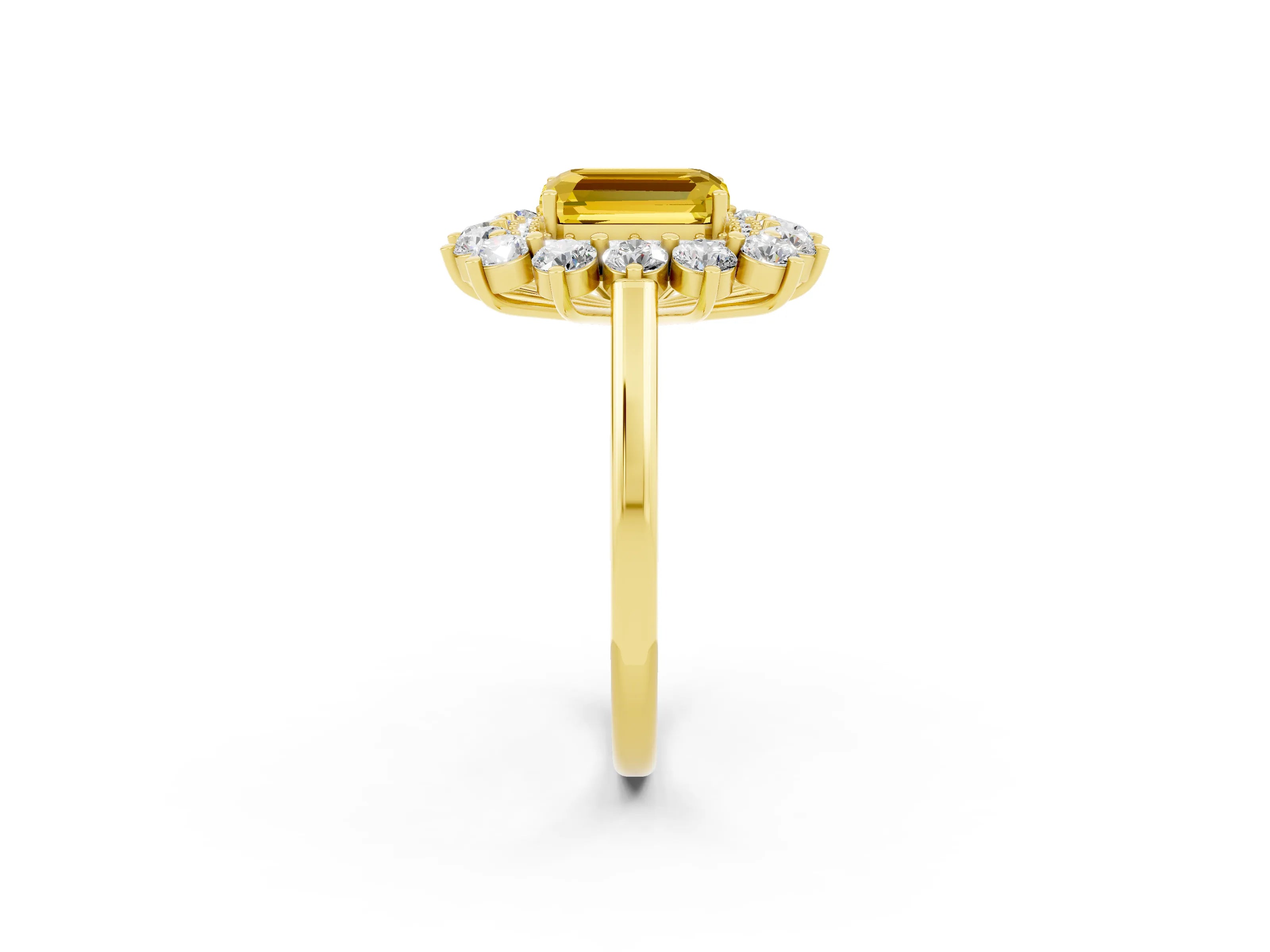 Yellow gold Emerald Cut Halo Cluster Diamond Ring with Pave Band and Four-Prong Setting_14