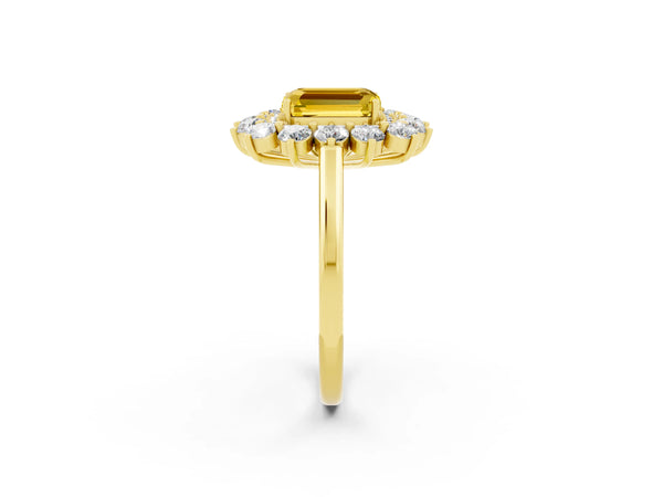 Yellow gold Emerald Cut Yellow Sapphire Floral Double Halo Engagement Ring with Prong Setting
