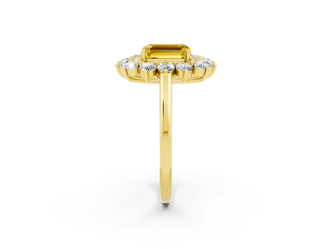 Yellow gold Emerald Cut Halo Cluster Diamond Ring with Pave Band and Four-Prong Setting_14