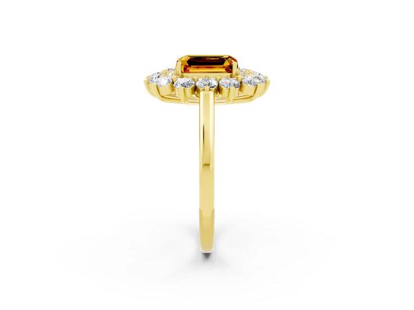 Yellow gold Emerald Cut Citrine Floral Double Halo Engagement Ring with Prong Setting