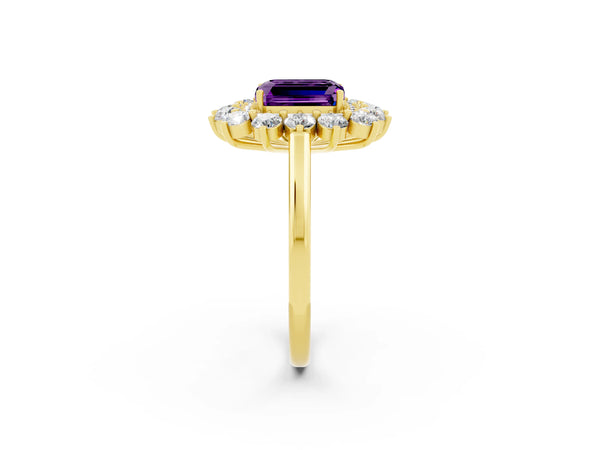 Yellow gold Emerald Cut Amethyst Floral Double Halo Engagement Ring with Prong Setting