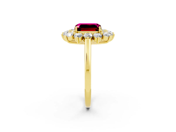 Yellow gold Emerald Cut Garnet Floral Double Halo Engagement Ring with Prong Setting