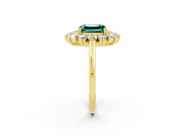 Yellow gold Emerald Cut Green Sapphire Floral Double Halo Engagement Ring with Prong Setting