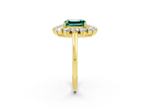 Yellow gold Emerald Cut Halo Cluster Diamond Ring with Pave Band and Four-Prong Setting_14