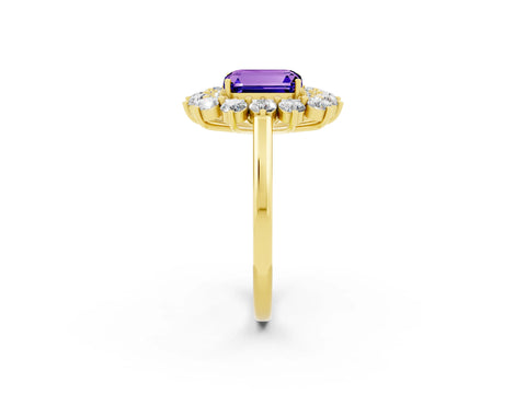 Yellow gold Emerald Cut Halo Cluster Diamond Ring with Pave Band and Four-Prong Setting_14