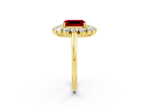 Yellow gold Emerald Cut Halo Cluster Diamond Ring with Pave Band and Four-Prong Setting_14