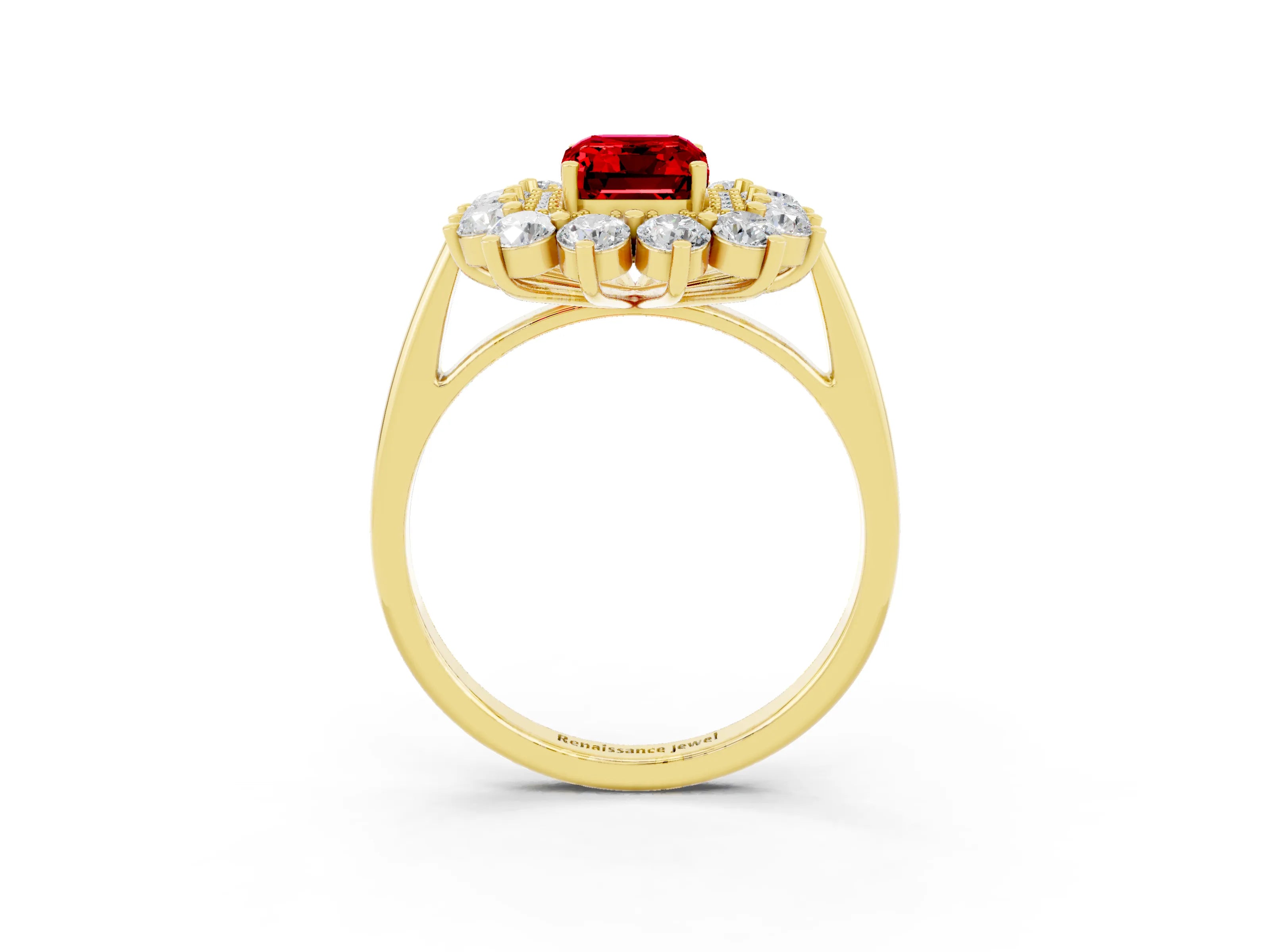 Yellow gold Emerald Cut Halo Cluster Diamond Ring with Pave Band and Four-Prong Setting_15