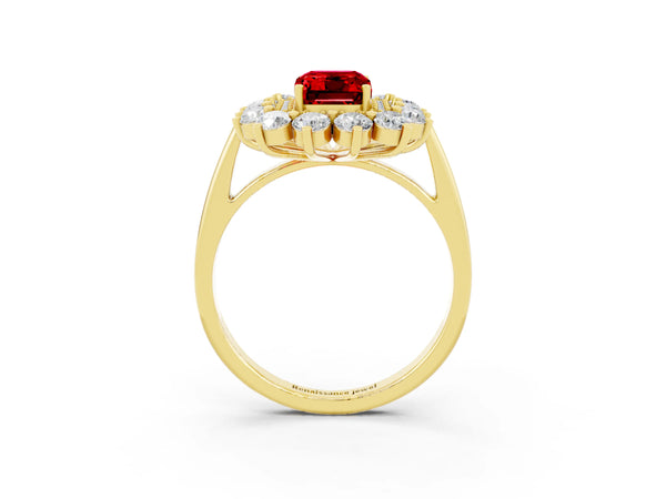 Yellow gold Emerald Cut Ruby Floral Double Halo Engagement Ring with Prong Setting
