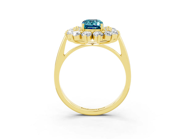 Yellow gold Emerald Cut Blue Topaz Floral Double Halo Engagement Ring with Prong Setting
