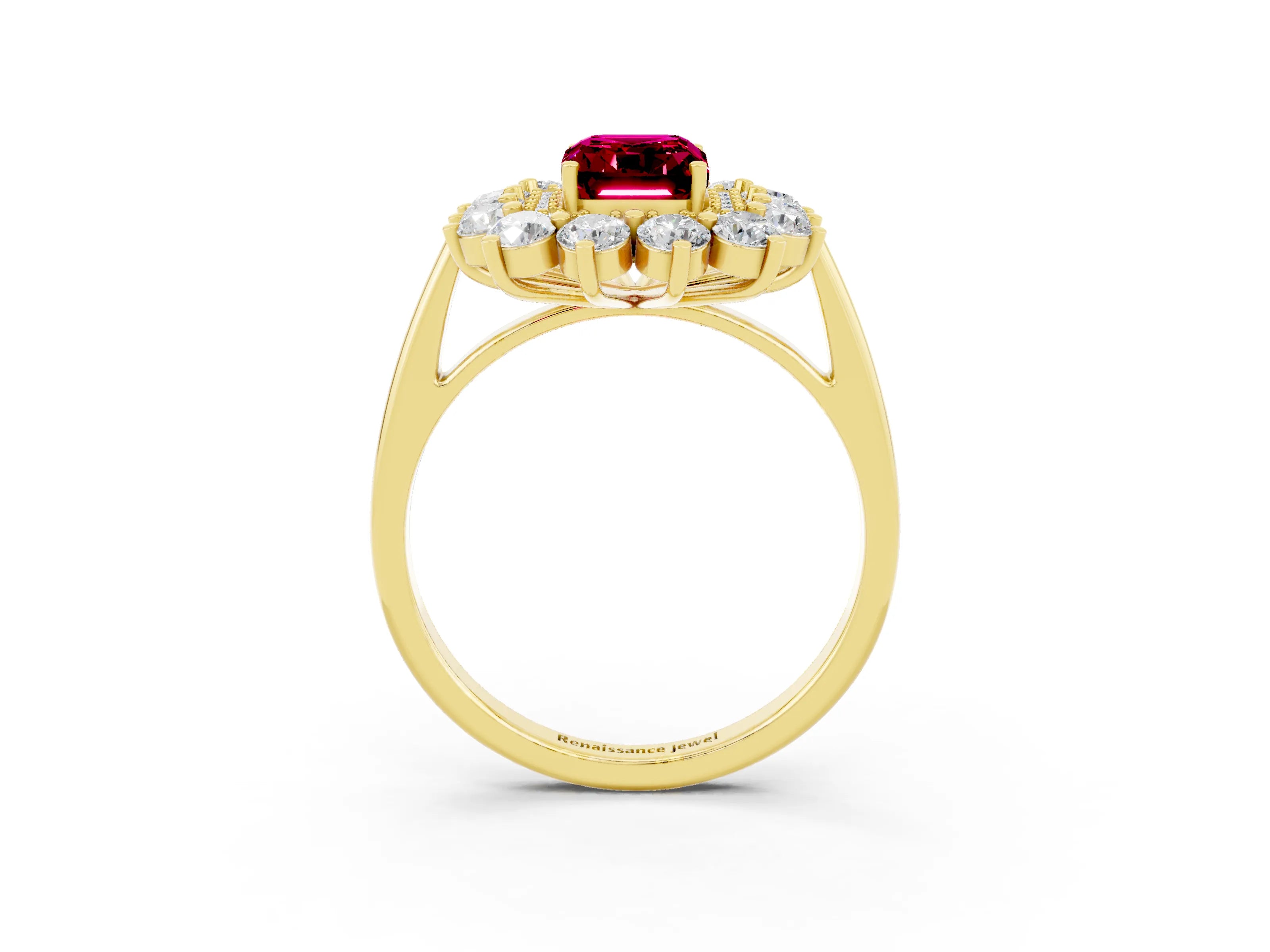 Yellow gold Emerald Cut Halo Cluster Diamond Ring with Pave Band and Four-Prong Setting_15