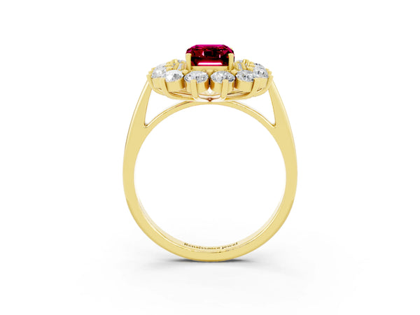Yellow gold Emerald Cut Garnet Floral Double Halo Engagement Ring with Prong Setting