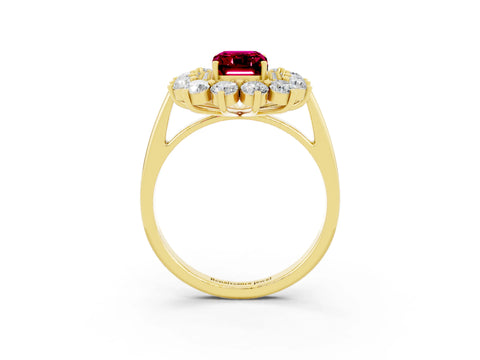 Yellow gold Emerald Cut Halo Cluster Diamond Ring with Pave Band and Four-Prong Setting_15