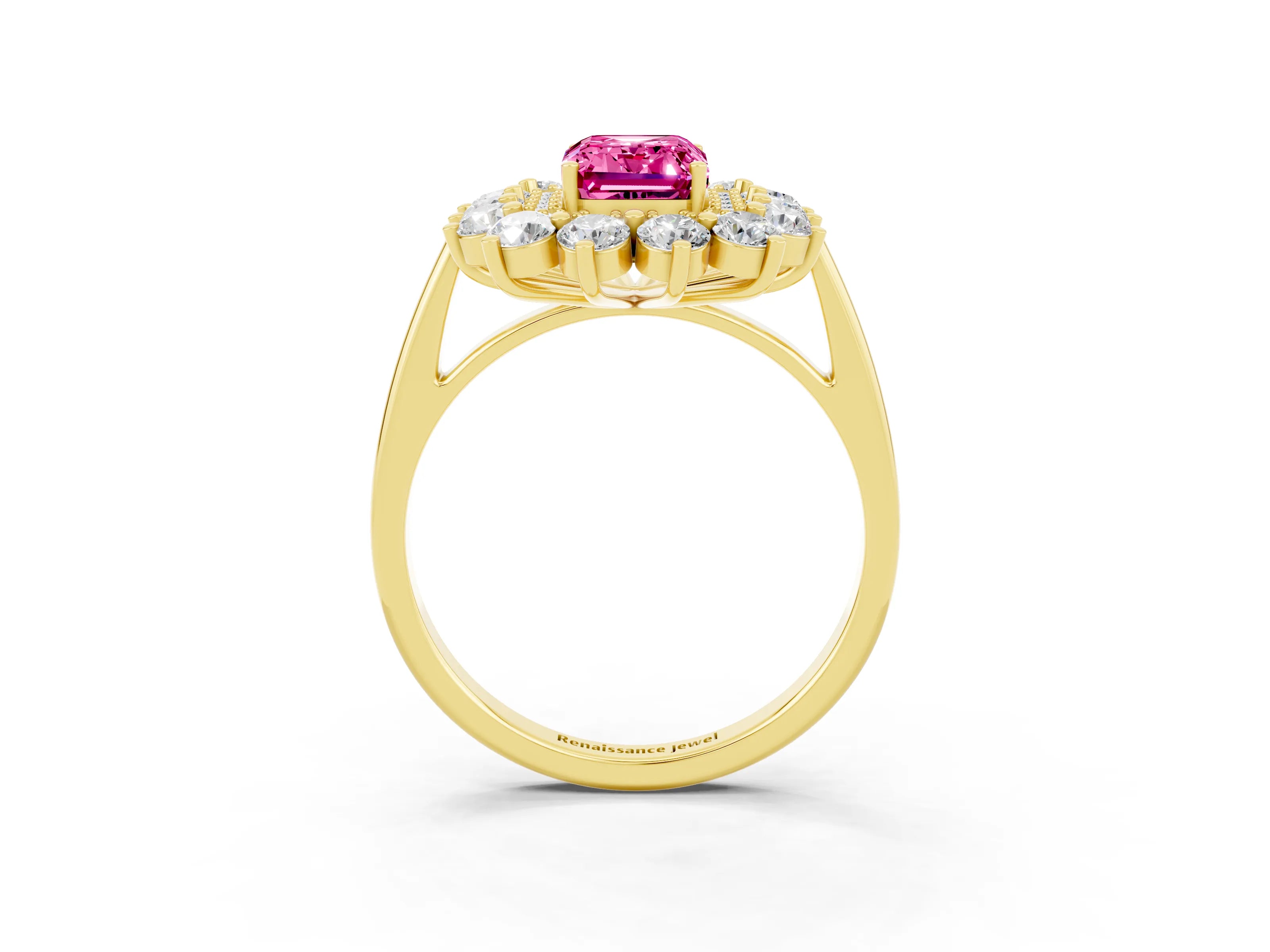 Yellow gold Emerald Cut Halo Cluster Diamond Ring with Pave Band and Four-Prong Setting_15