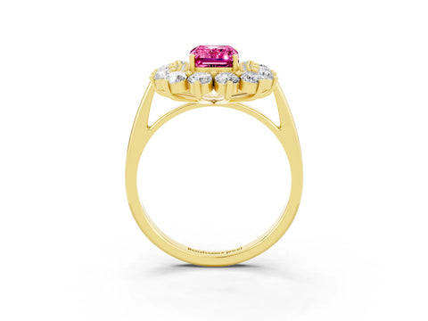Yellow gold Emerald Cut Halo Cluster Diamond Ring with Pave Band and Four-Prong Setting_15