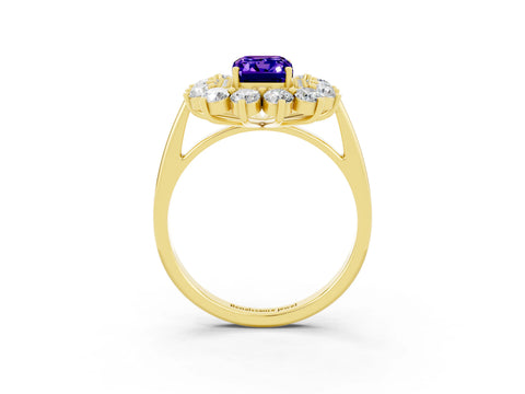 Yellow gold Emerald Cut Halo Cluster Diamond Ring with Pave Band and Four-Prong Setting_15