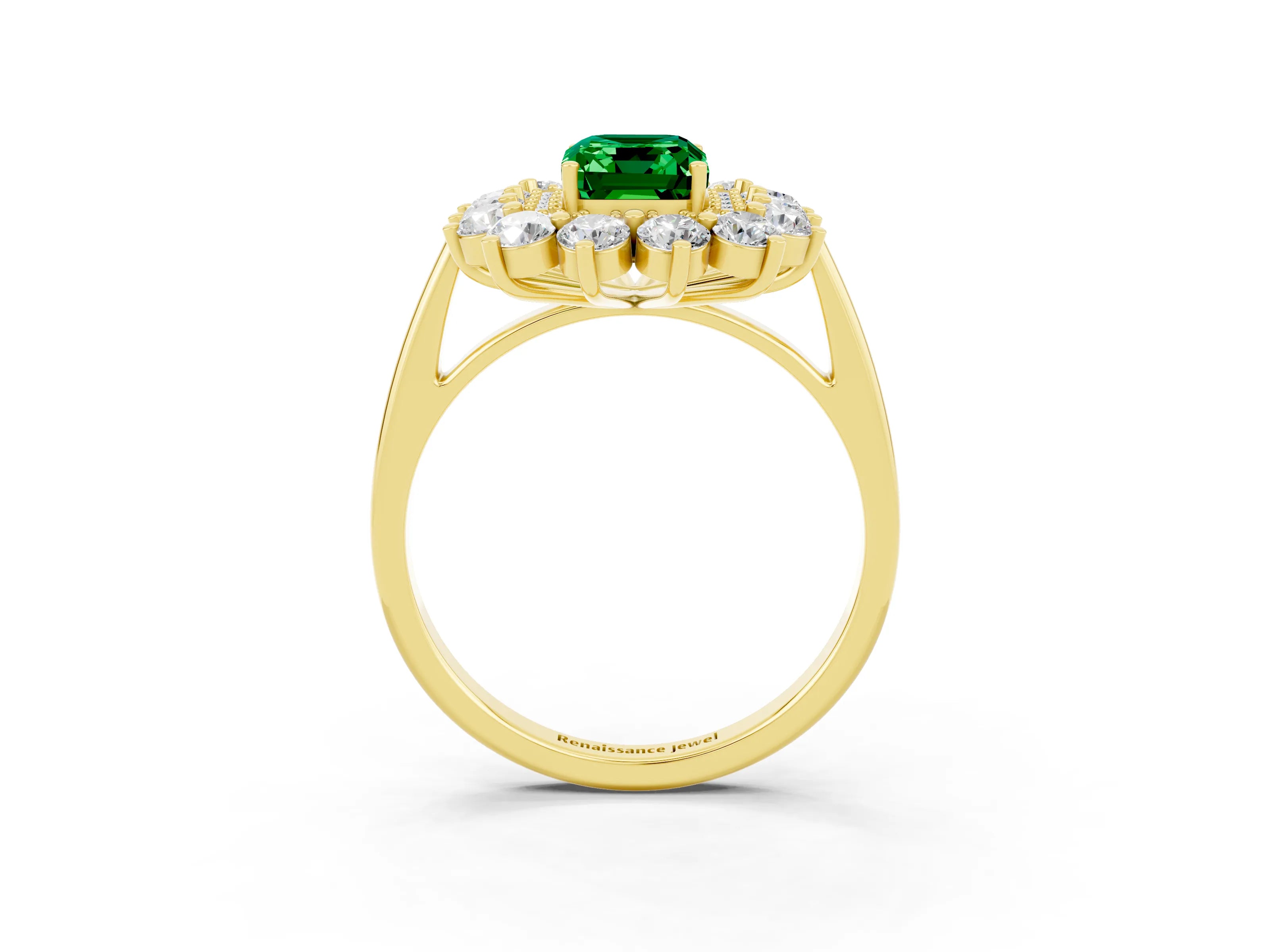 Yellow gold Emerald Cut Halo Cluster Diamond Ring with Pave Band and Four-Prong Setting_15