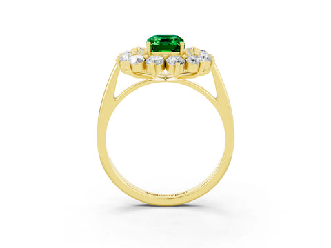 Yellow gold Emerald Cut Halo Cluster Diamond Ring with Pave Band and Four-Prong Setting_15