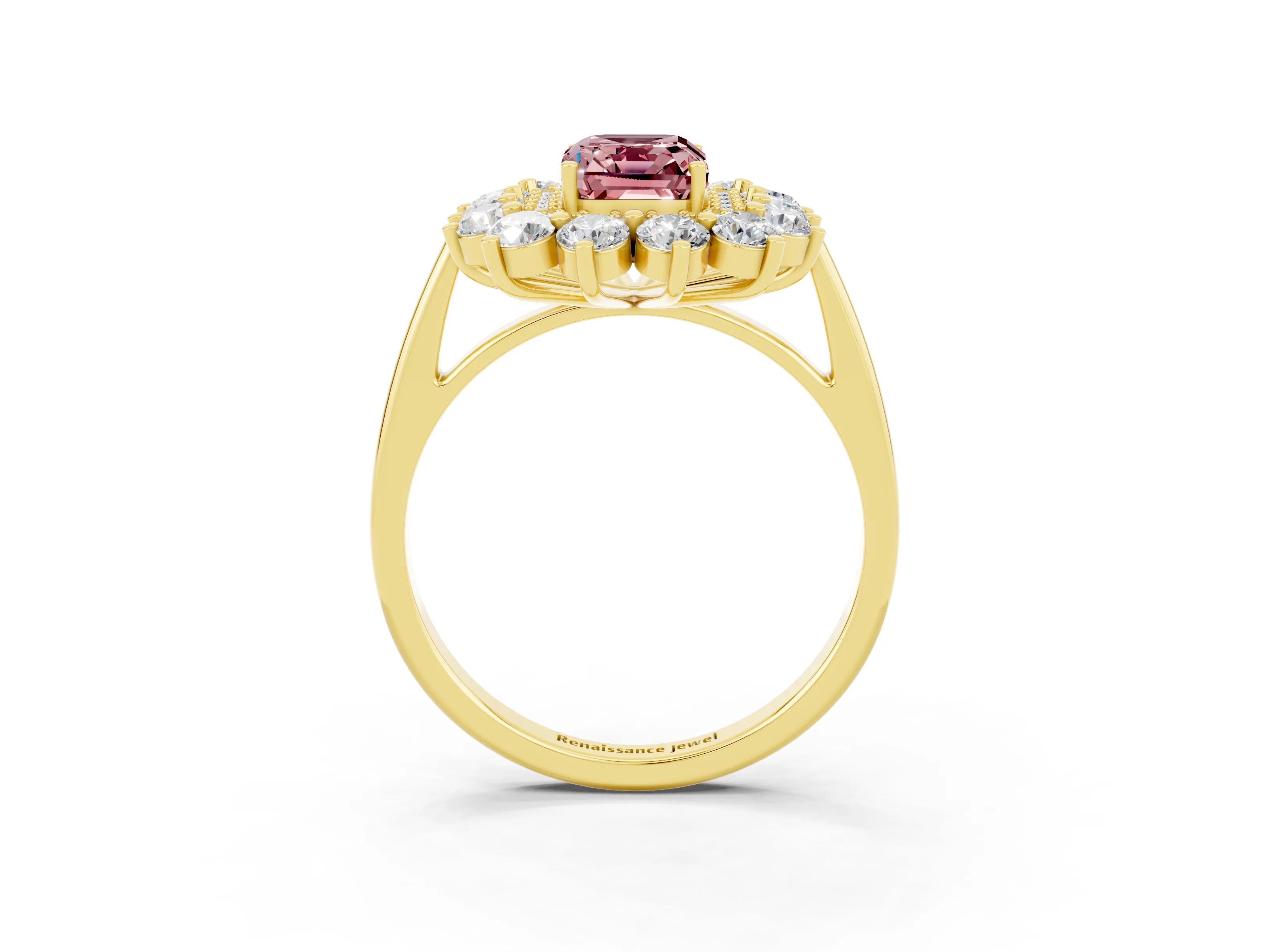 Yellow gold Emerald Cut Halo Cluster Diamond Ring with Pave Band and Four-Prong Setting_15