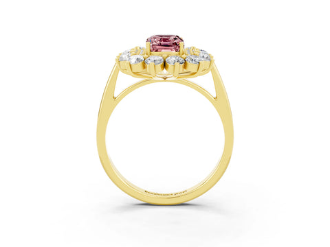 Yellow gold Emerald Cut Halo Cluster Diamond Ring with Pave Band and Four-Prong Setting_15