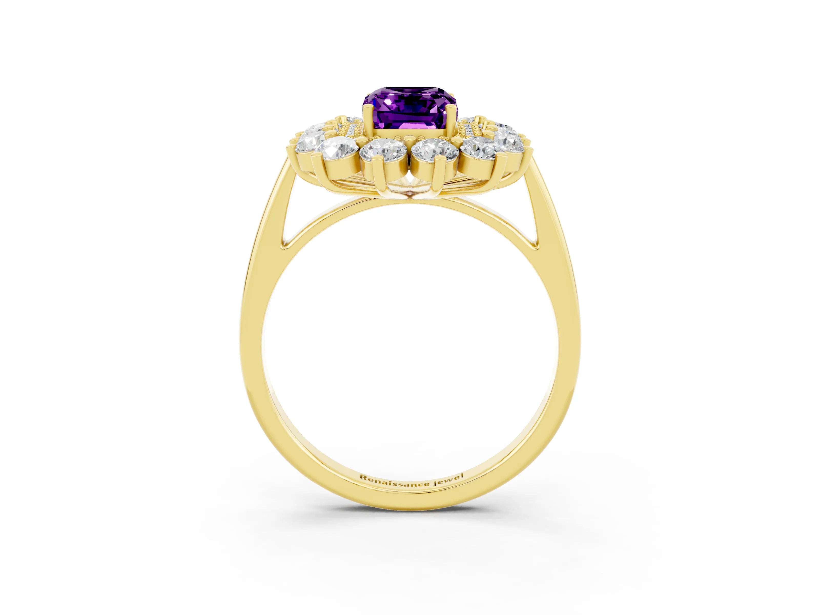 Yellow gold Emerald Cut Halo Cluster Diamond Ring with Pave Band and Four-Prong Setting_15