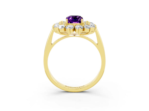 Yellow gold Emerald Cut Amethyst Floral Double Halo Engagement Ring with Prong Setting
