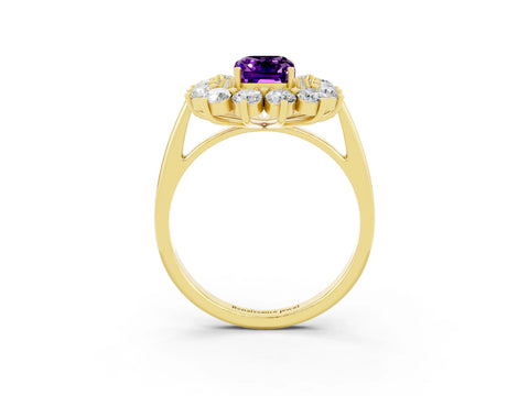 Yellow gold Emerald Cut Halo Cluster Diamond Ring with Pave Band and Four-Prong Setting_15