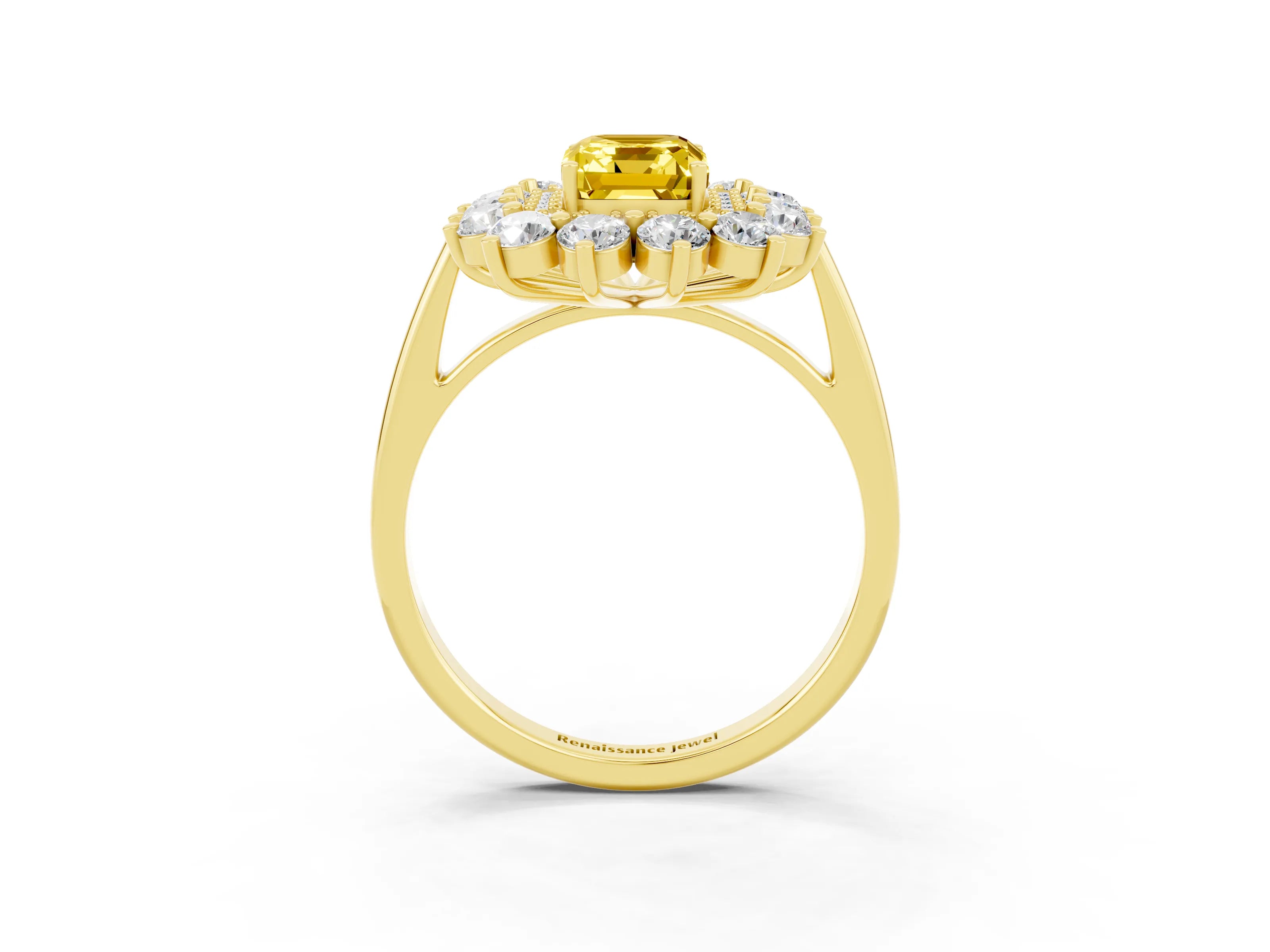 Yellow gold Emerald Cut Halo Cluster Diamond Ring with Pave Band and Four-Prong Setting_15