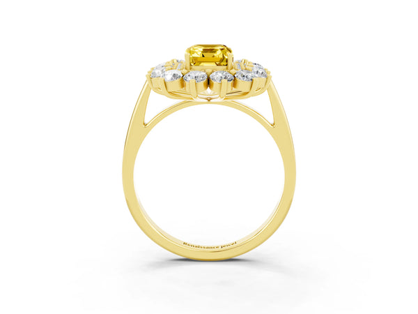 Yellow gold Emerald Cut Yellow Sapphire Floral Double Halo Engagement Ring with Prong Setting