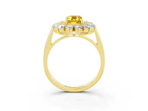 Yellow gold Emerald Cut Halo Cluster Diamond Ring with Pave Band and Four-Prong Setting_15