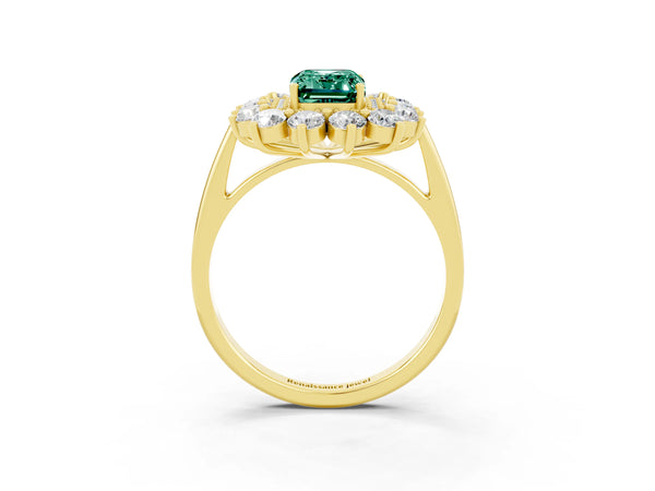 Yellow gold Emerald Cut Green Sapphire Floral Double Halo Engagement Ring with Prong Setting