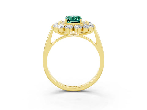 Yellow gold Emerald Cut Halo Cluster Diamond Ring with Pave Band and Four-Prong Setting_15