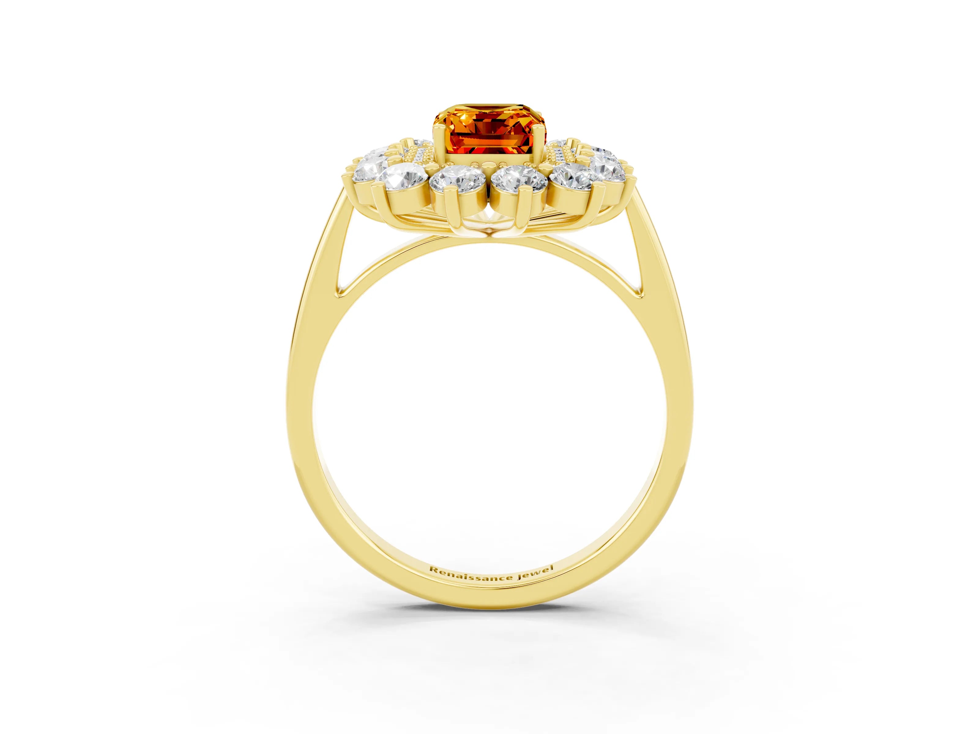 Yellow gold Emerald Cut Halo Cluster Diamond Ring with Pave Band and Four-Prong Setting_15