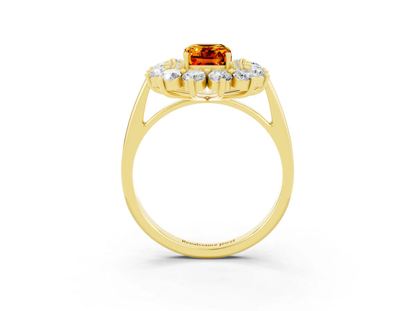 Yellow gold Emerald Cut Citrine Floral Double Halo Engagement Ring with Prong Setting